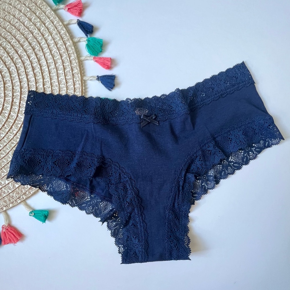 Victoria's Secret FLower Lace-Waist Cotton Cheeky Panty Blue M NEW